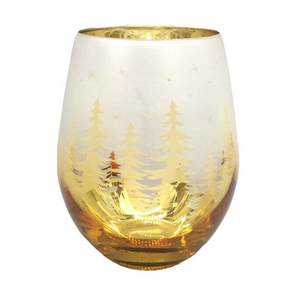 x4 Christmas Gold Pine Trees Stemless Wine Glass Set Frosted Winter Forest Stars - Picture 2 of 9